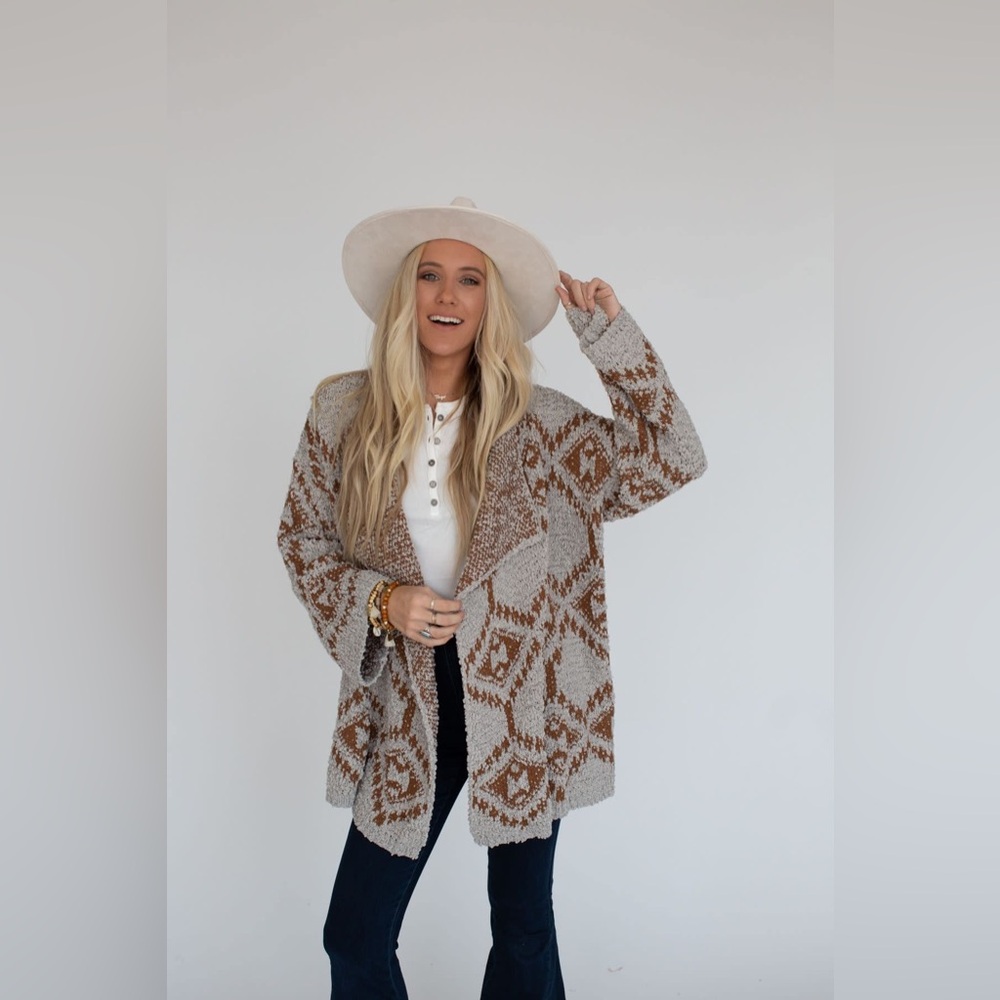 124. POL Open-Front Geometric Cardigan in Cream and Brown